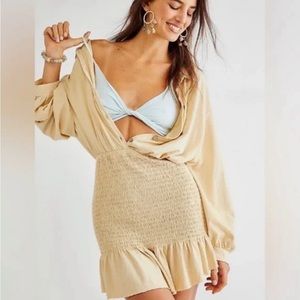 Free people beach cream ruched ruffle button down mini dress
